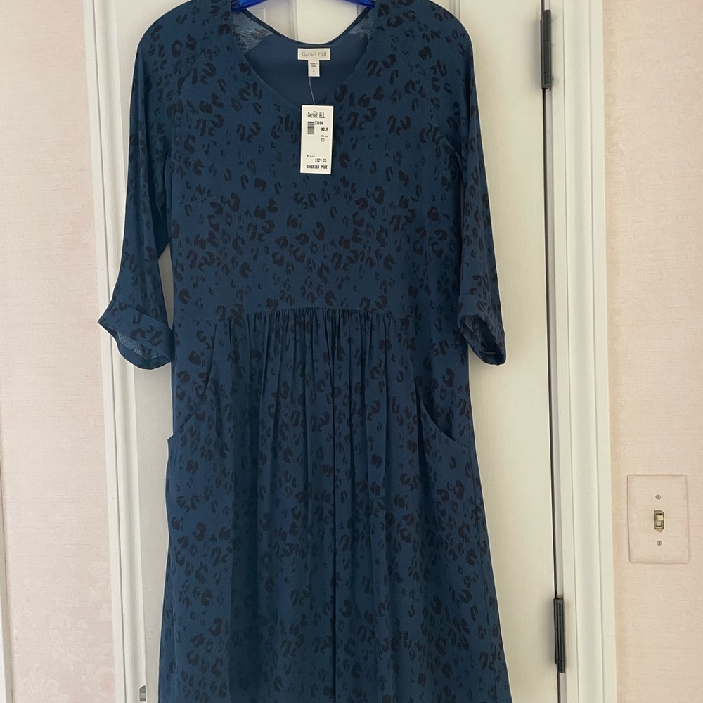 Garnet Hill Blue Black Leopard-Print Midi Dress
